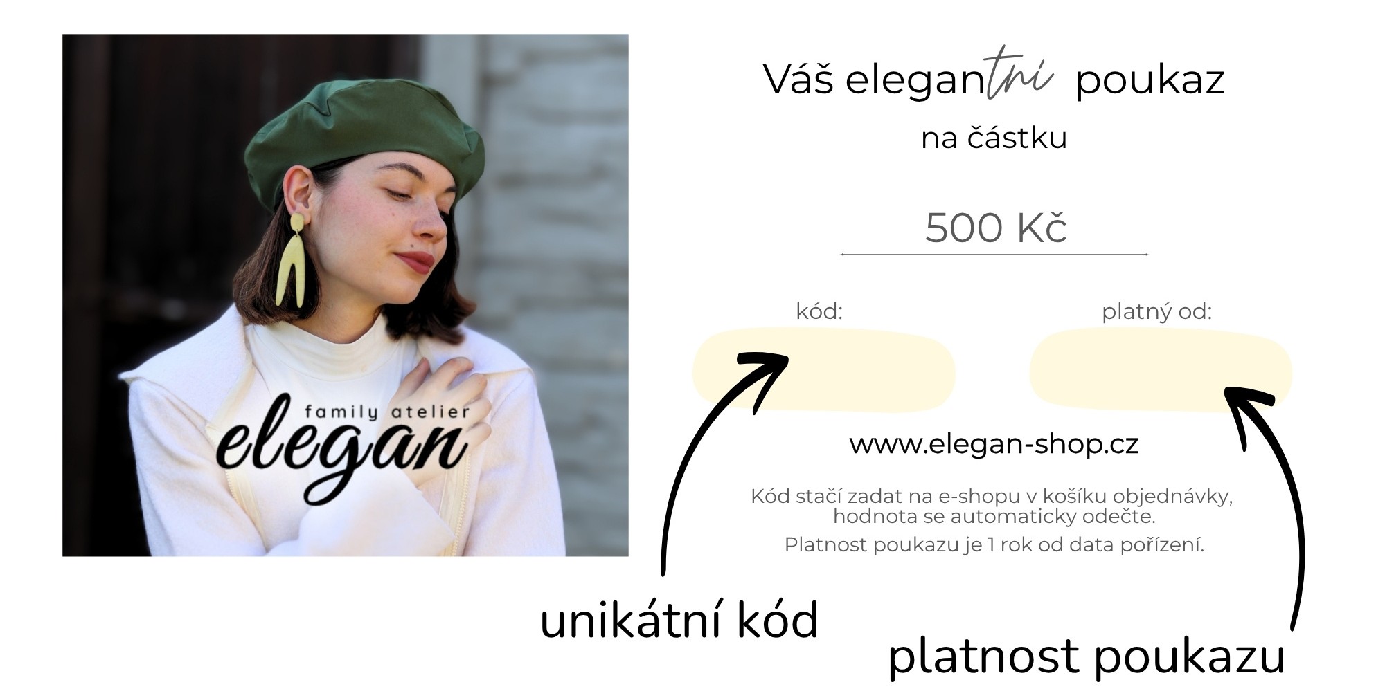 Dárkový elektronický poukaz od české značky Elegan lze vytisknout na domácí tiskárně na obyčejný papír a vleze se do obálky DL.